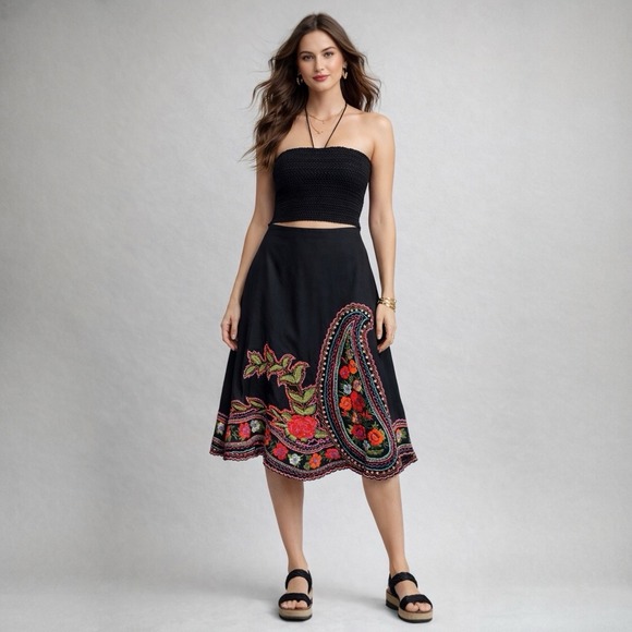 Vintage Dresses & Skirts - Vintage Y2K Basil & Maude Skirt 10 Black Pink Floral Embroidered Beaded A-Line